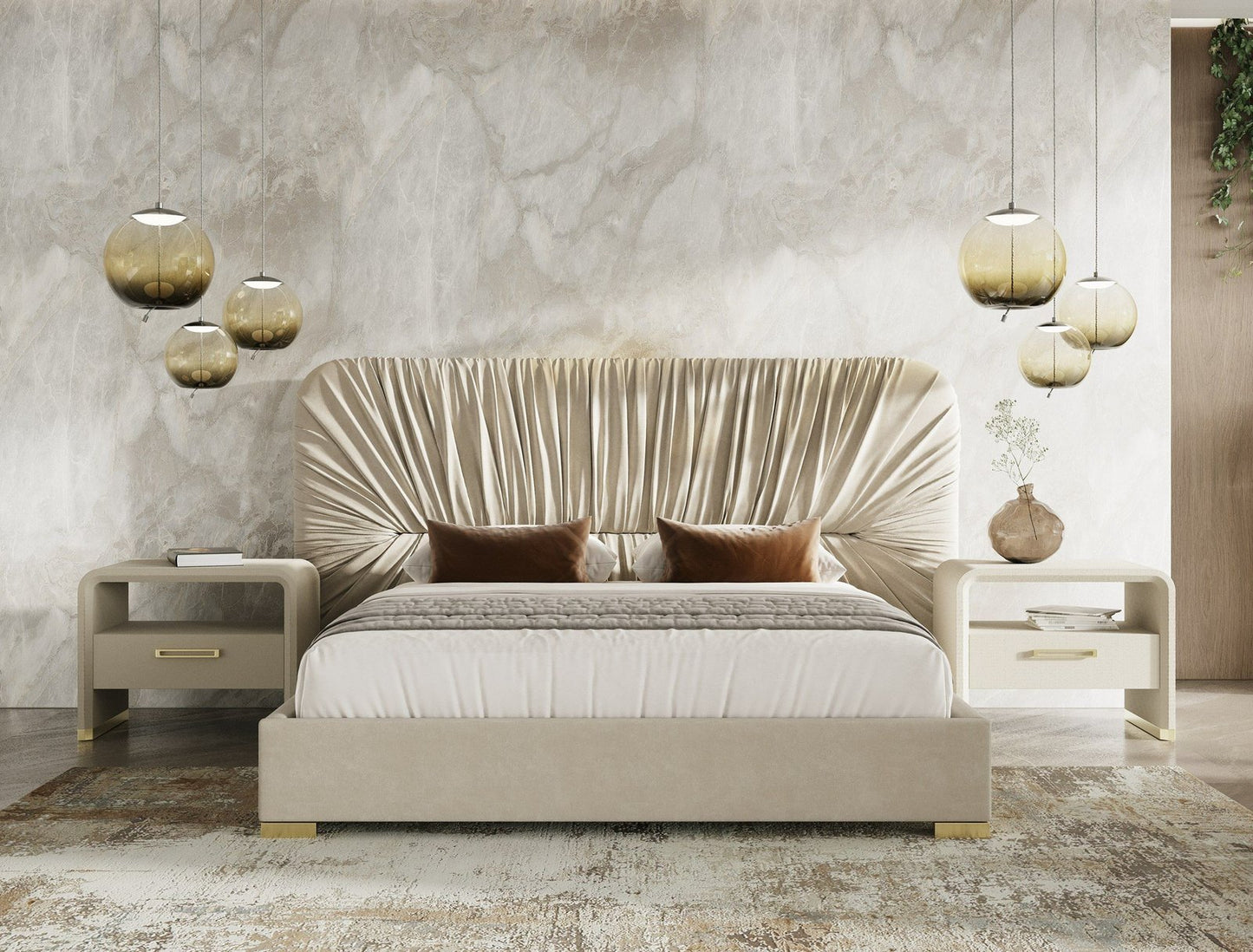 Florence - Modern Beige Velvet + Gold Bed