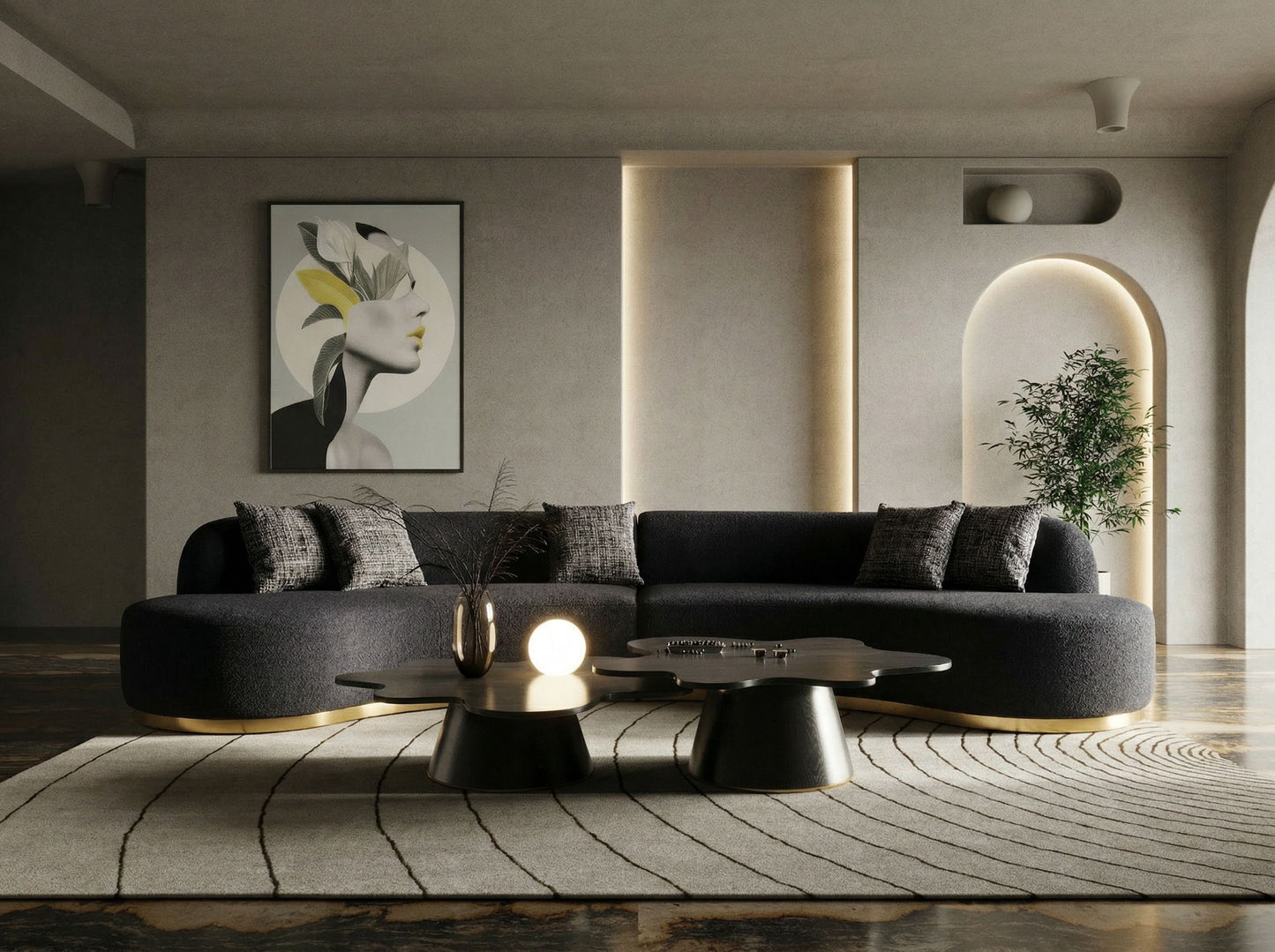 Frontier - Glam White Fabric Curved Sectional Sofa with Beige Pillows