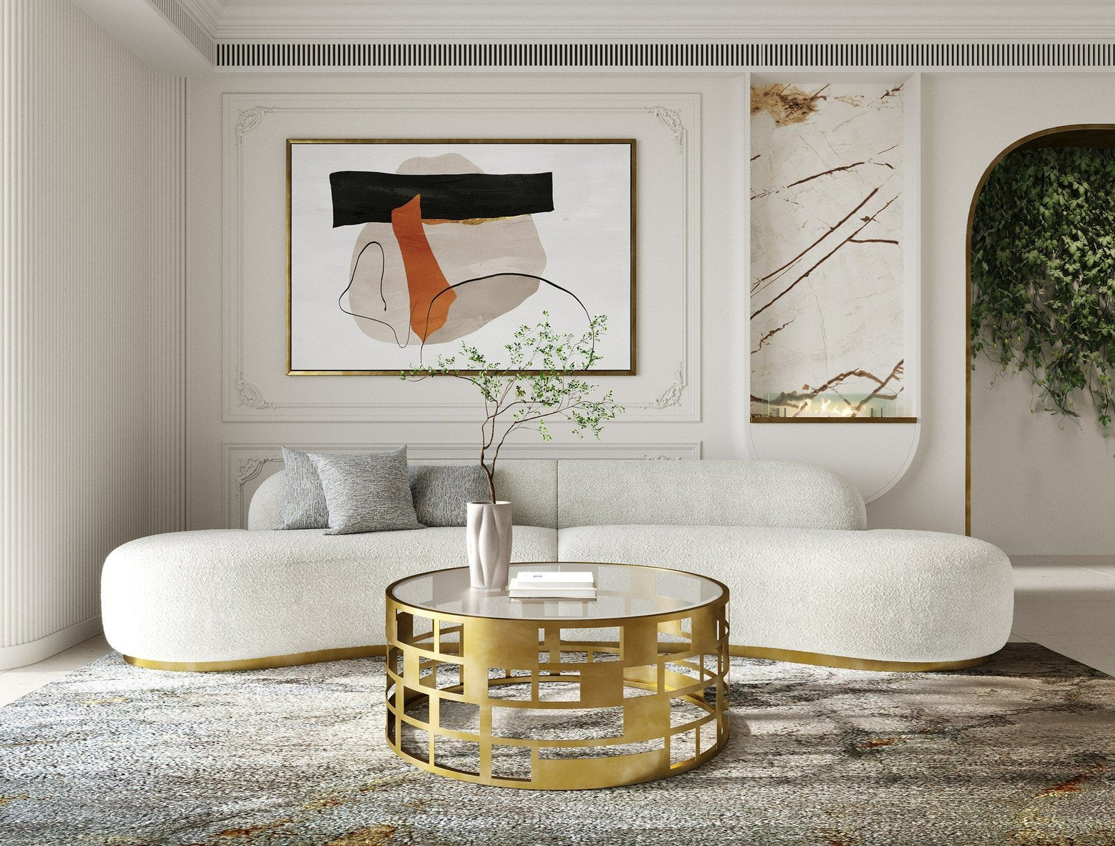 Frontier - Glam White Fabric Curved Sectional Sofa with Beige Pillows