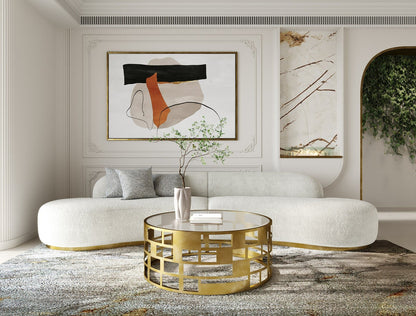 Frontier - Glam White Fabric Curved Sectional Sofa with Beige Pillows