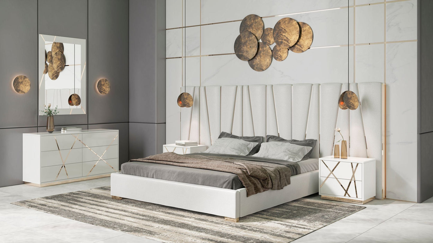 Nixa Modern White Bonded Leather & Gold Bed