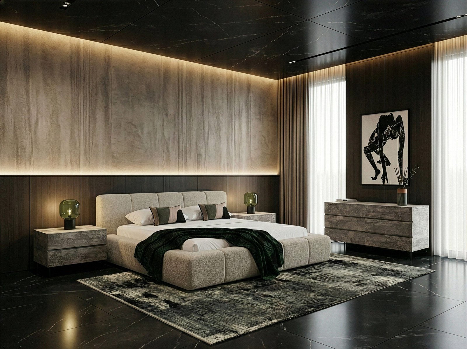 Lamont + Aria - Modern Beige Fabric + Grey Texture 4-Piece Bedroom Set queen size