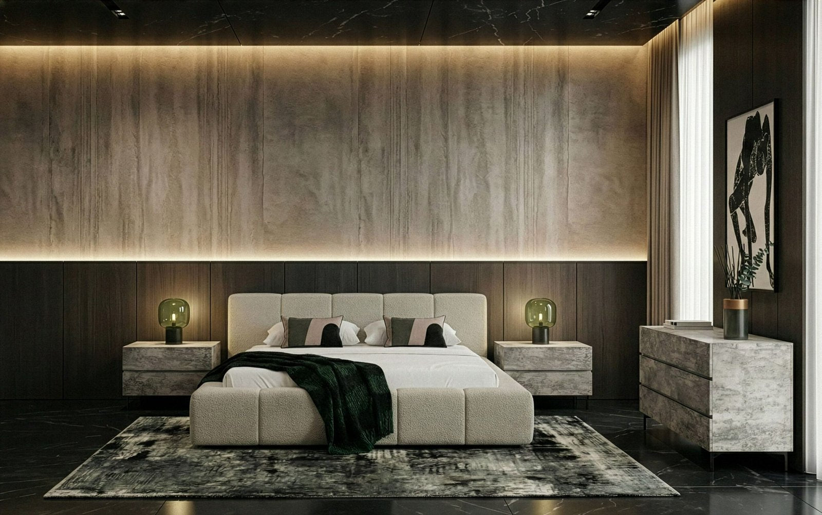 Lamont + Aria - Modern Beige Fabric + Grey Texture 4-Piece Bedroom Set queen size