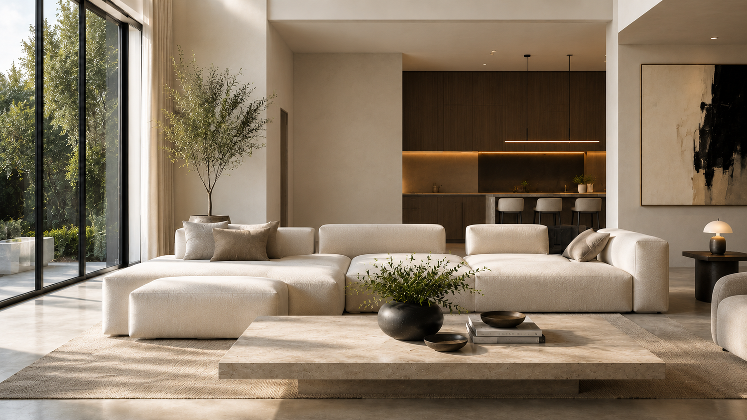 Modern neutral living room with contemporary sectional sofa