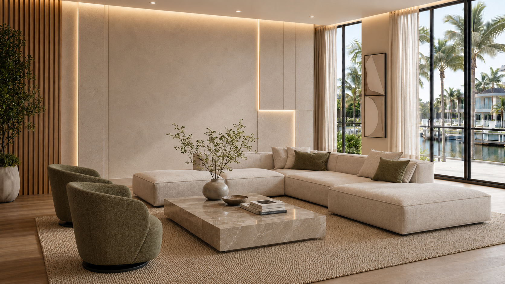 Modern living room with light beige sectional, olive accent chairs and illuminated feature wall