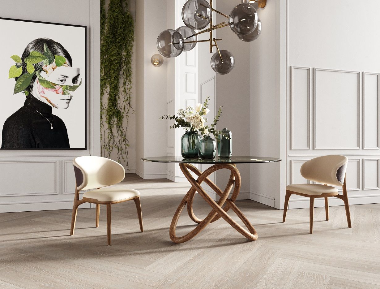 Mason Modern Round Glass & Walnut Dining Table