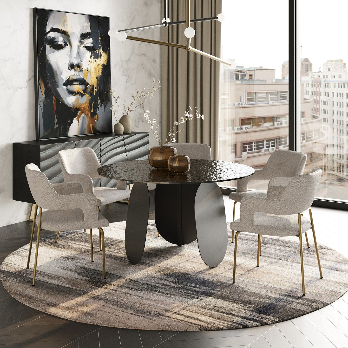 Maxine Modern Hammered Grey Glass Round Dining Table