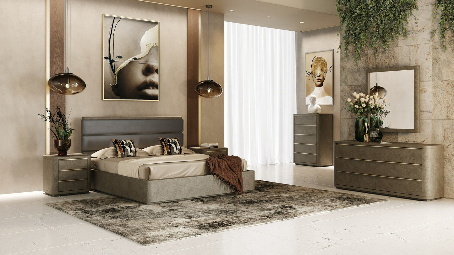 Lois Modern Grey Leather & Beige Shagreen Bed
