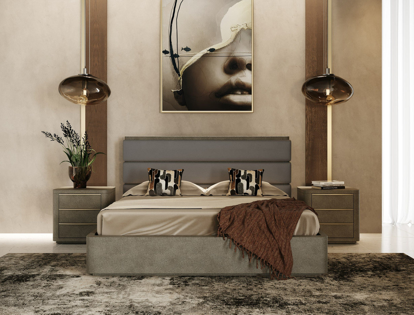 Lois Modern Grey Leather & Beige Shagreen Bed