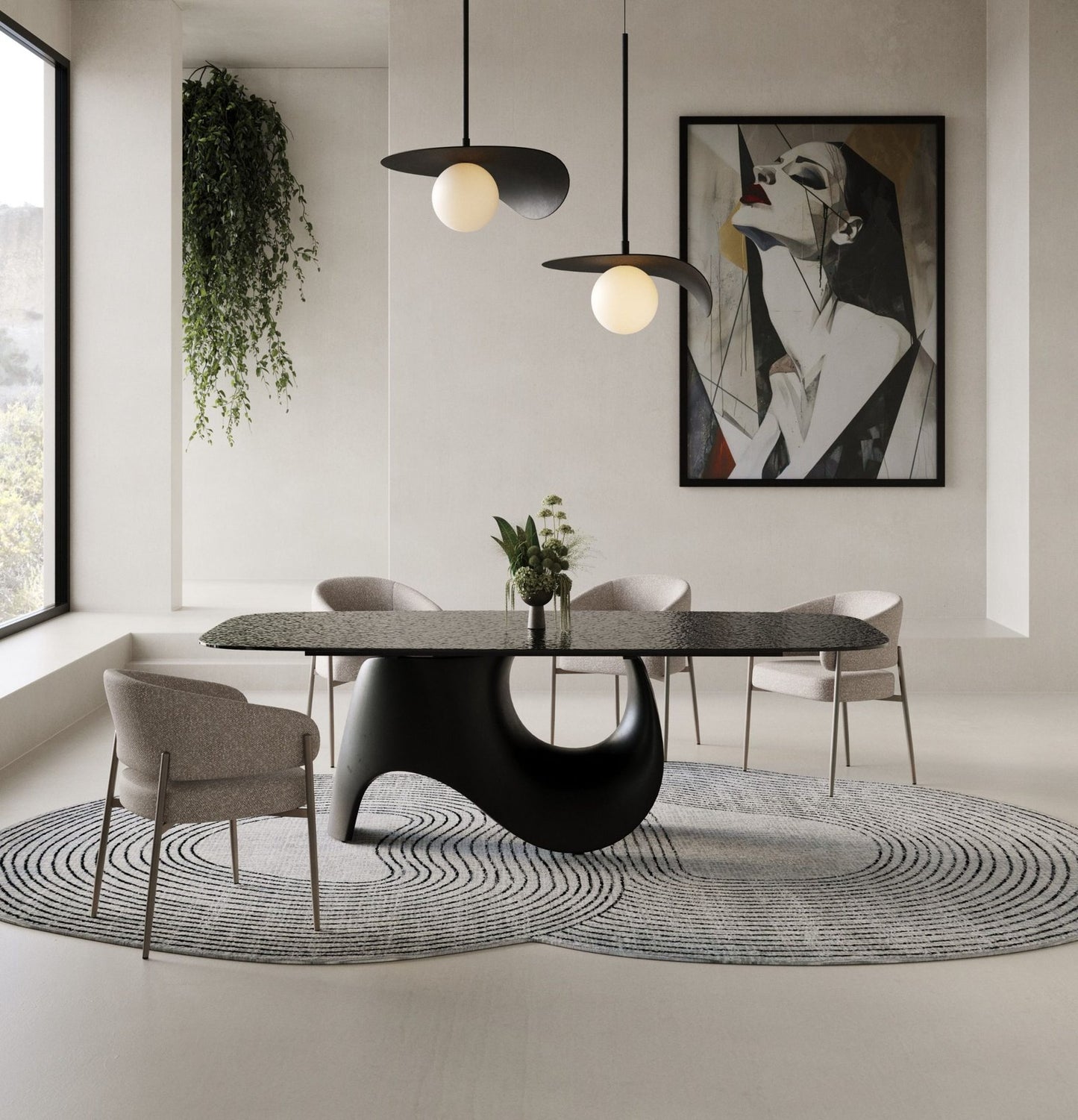 Neptune - Modern Grey Wave Glass + Black Dining Table