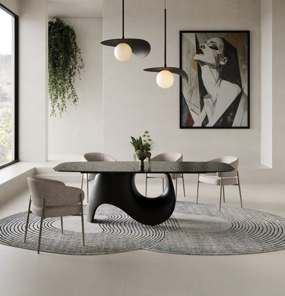 Neptune - Modern Grey Wave Glass + Black Dining Table