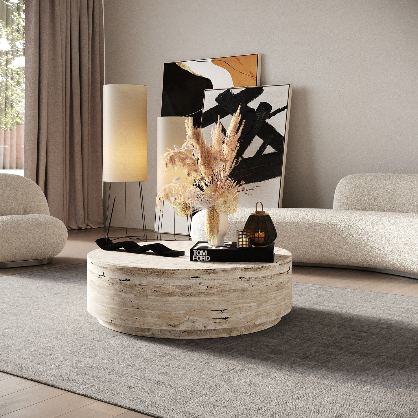 Roma - Modern Faux Travertine Round Coffee Table