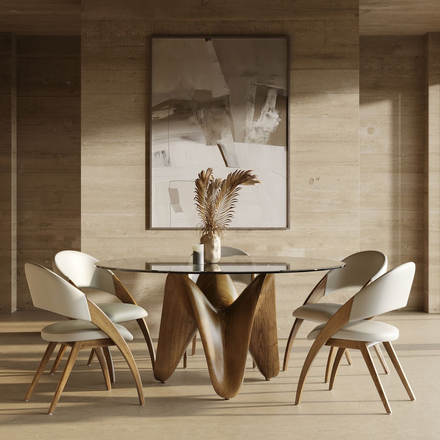 Seguin Round Glass & Walnut Dining Table