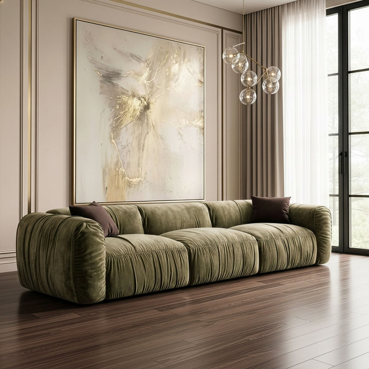 Siegal olive green sofa styled in a modern living room