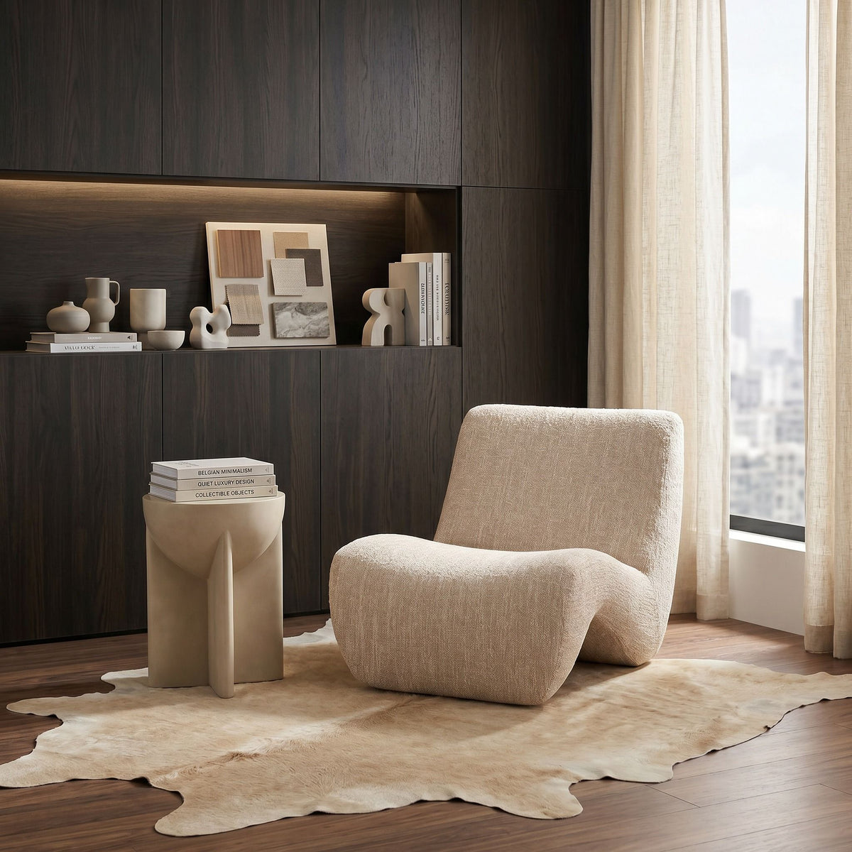 Spiro modern beige fabric accent chair in a styled interior