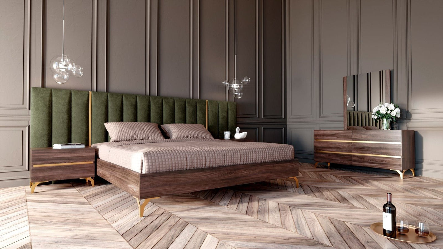 Gabriela Modern Walnut & Green Velvet Bed & Nightstands