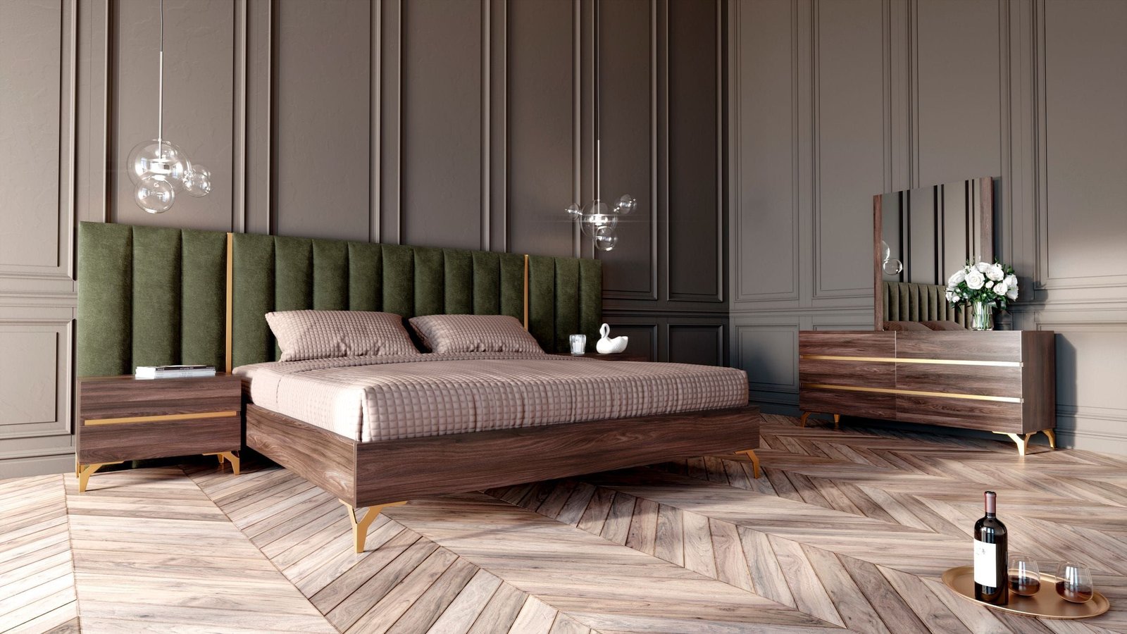 Gabriela Modern Walnut & Green Velvet Bed & Nightstands