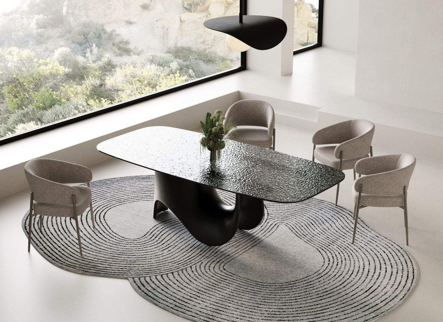 Neptune - Modern Grey Wave Glass + Black Dining Table