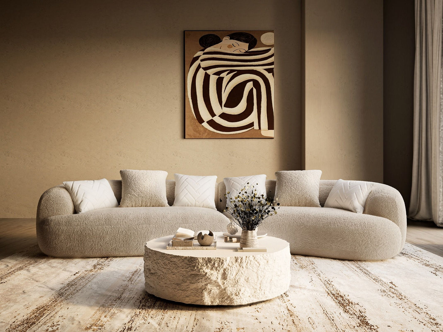 Trevor - Modern Tan Fabric Curved Sectional Sofa